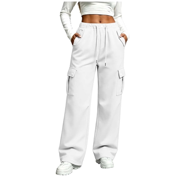 Inleife Women Wide Leg Cargo Sweatpants Elastic Drawstring High Waist Casual Solid Track Pants with Multi Pockets, Loose Straight Loungewear Athletic Pants for Streetwear Daily Outfits