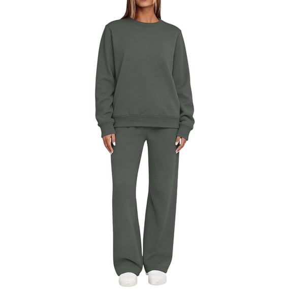 Inleife Women's Autumn Winter Casual Long Sleeve Sweatshirt and Drawstring Wide Leg Pants Set, Relaxed Fit Solid Color Tracksuit for Everyday Wear