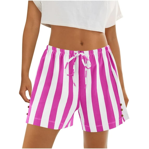 Inleife Women's Beach Lounge Shorts Casual Striped High Waisted Sleep Pajama Shorts Hot Pink L