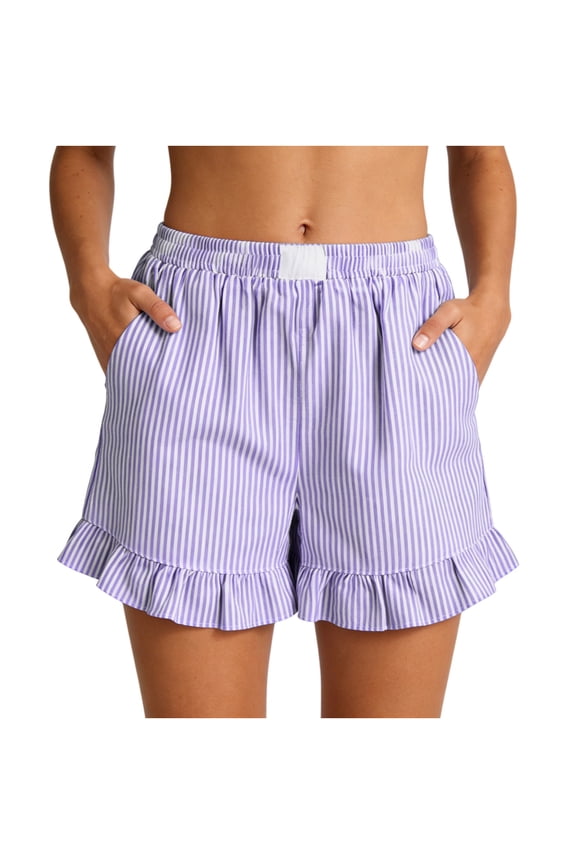 Women's Beach Lounge Shorts Casual Striped High Waisted Sleep Pajama Shorts