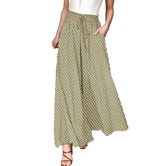Inleife Women's Bohemian Polka Dots Wide Leg Pants Fashion Ladies Elastic Waist Drawstring Pocket Full Length Pants Yellow XXL