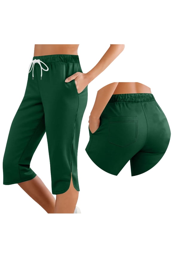 Women's Casual Drawstring Elastic Waist Capri Pants with Side Pockets and Slit Hem Army Green L