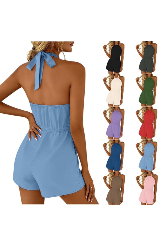 Women's Casual Halter Jumpsuit with Pockets, Sleeveless Tie Back Open Back Short Romper, Solid Color Elastic Waist Summer Outfit