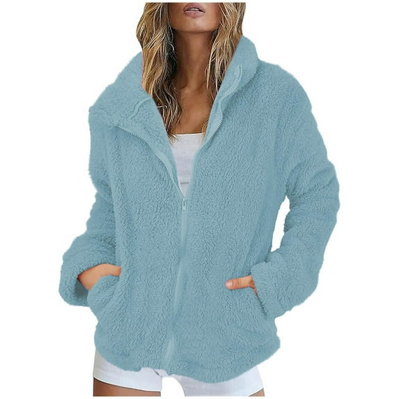 Inleife Women's Casual Long Sleeve Zip Up Jackets Turndown Collar Fall Winter Outerwear Casual Fuzzy Coats with Pockets