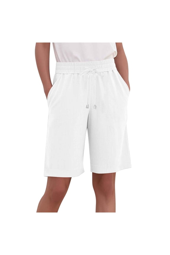 Women's Casual Loose Baggy Shorts Cotton And Linen Trousers Overalls Cropped Solid Color Shorts with Pockets White L