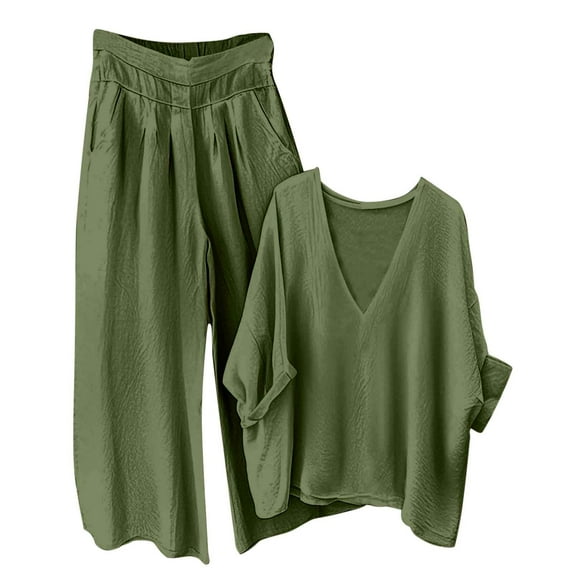 Inleife Women's Casual Sets Green V-Neck Tops Wide Leg Pants Cotton And Linen Set