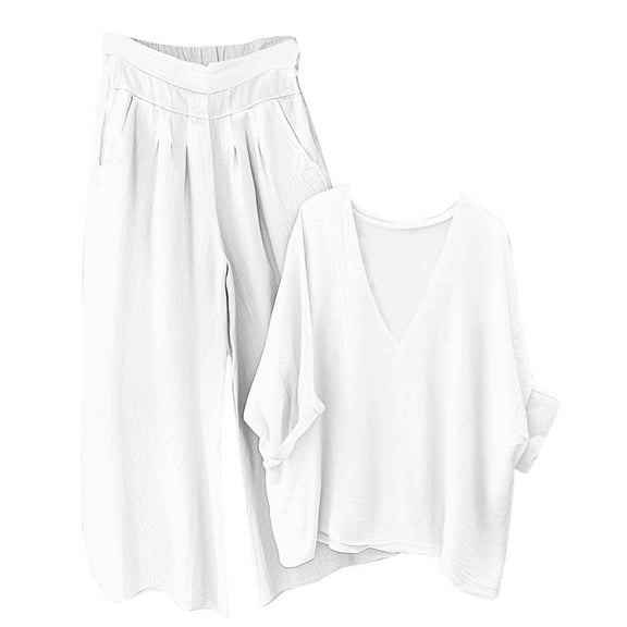 Inleife Women's Casual Sets White V-Neck Tops Wide Leg Pants Cotton And Linen Set