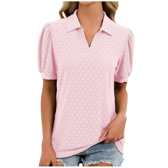 Inleife Women's Casual Shirts Fashion Solid Color Summer Turndown Collar Short Sleeve Shirt Top Pink S