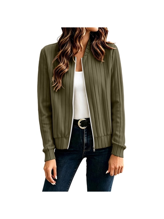 Women's Casual Zip-Up Ribbed Knit Jacket, Long Sleeve Collarless Outerwear Cardigan with Pockets