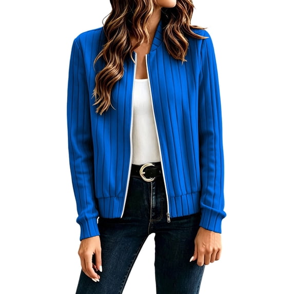 Inleife Women's Casual Zip-Up Ribbed Knit Jacket, Long Sleeve Collarless Outerwear Cardigan with Pockets
