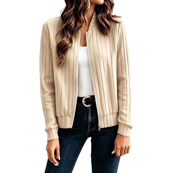 Inleife Women's Casual Zip-Up Ribbed Knit Jacket, Long Sleeve Collarless Outerwear Cardigan with Pockets