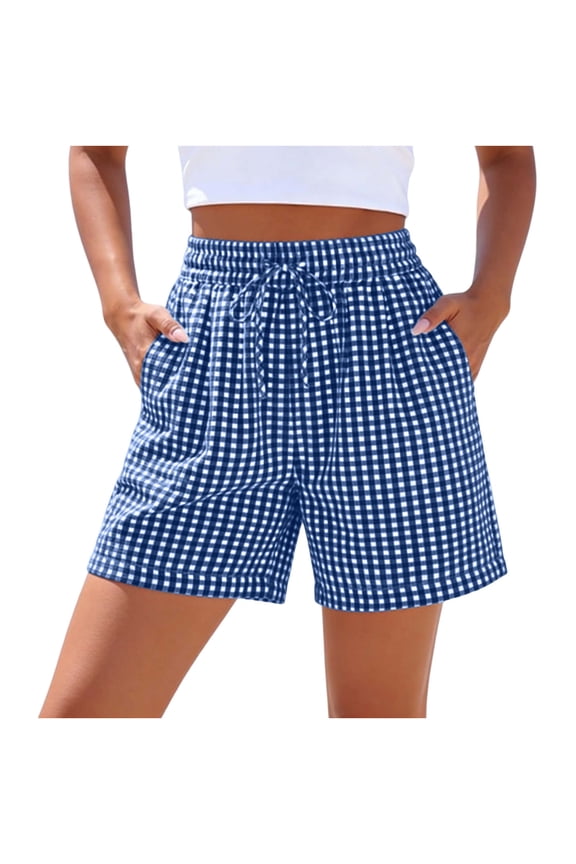 Women's Checkered Double Pocket Shorts Loose Sporty Elasticated Side Pocket Drawstring Elastic Waist Shorts