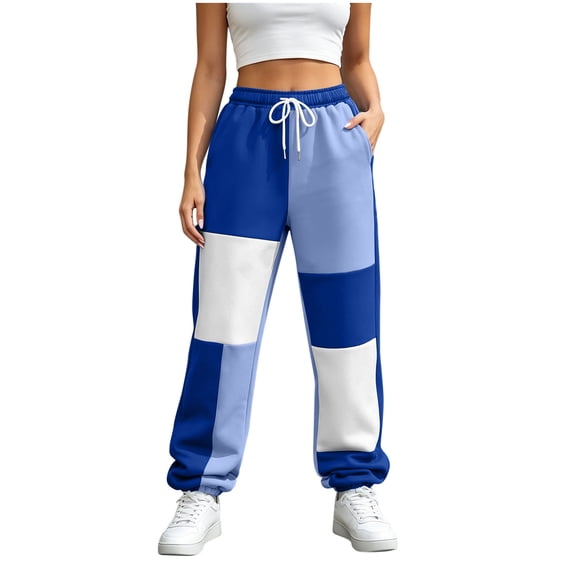 Inleife Women's Color Block Patchwork Jogger Sweatpants, High Waist Drawstring Cuffed Ankle Casual Long Pants with Side Pockets for Winter