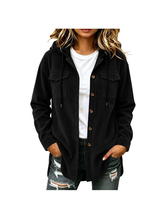 Women's Corduroy Hooded Jacket, Button-Down Casual Shacket with Chest Flap Pockets & Long Sleeves
