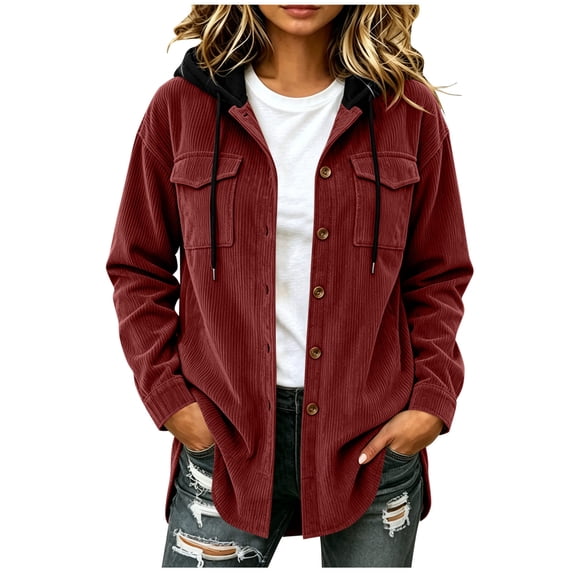 Inleife Women's Corduroy Hooded Jacket, Button-Down Casual Shacket with Chest Flap Pockets & Long Sleeves