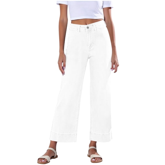 Inleife Women's Denim Jeans Solid Color Button Fly High Waisted Wide Leg Cropped Jeans with Pockets