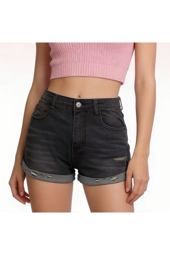 Women's Denim Shorts Solid Color Comfortable Pocket Elastic Waist Jeans