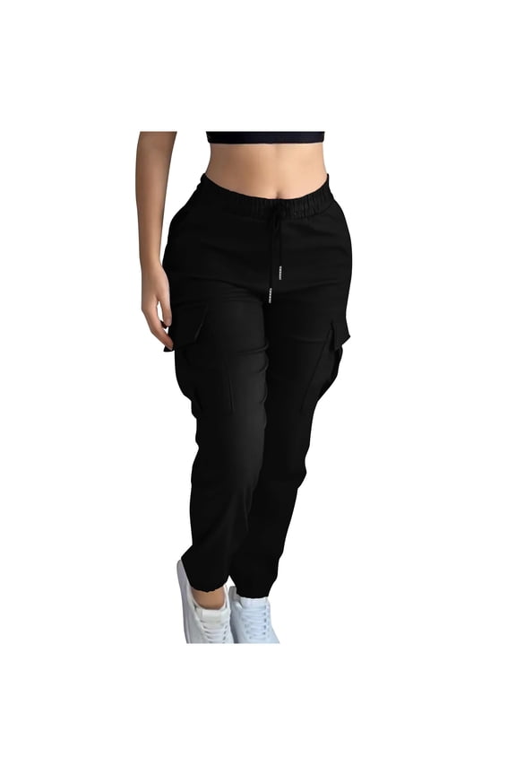 Women's Drawstring Elastic Waist Cuffed Pants Solid Color Casual Straight-Button Pocket Work Pants with Pocket