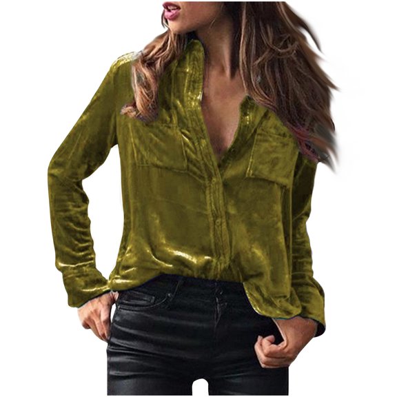 Inleife Women's Dressy Casual Blouses Women's New Solid Color Lapel Long Sleeved Gold Velvet Shirt Top