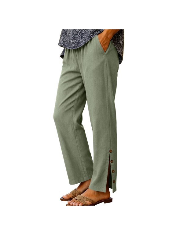 Women's Elastic High Waist Cropped Straight Leg Pants Side Button Split Hem Casual Trousers with Pockets