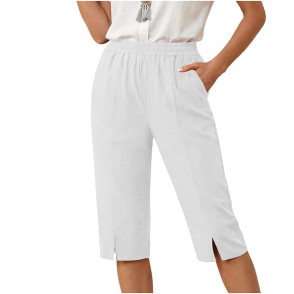 Inleife Women's Fashion Solid Color Capri Pants Casual High Waist Cropped Trousers with Pockets And Slit Hem White M