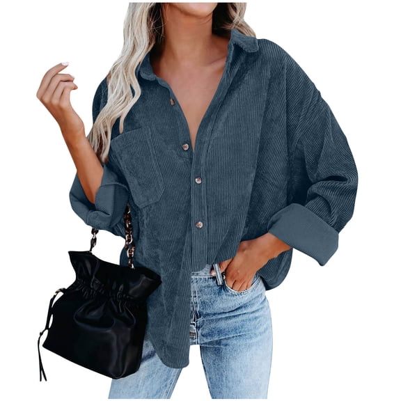 Inleife Women's Fashion Solid Color Long Sleeve Lapel Shirts Loose Casual Cardigan Top Coat Navy L