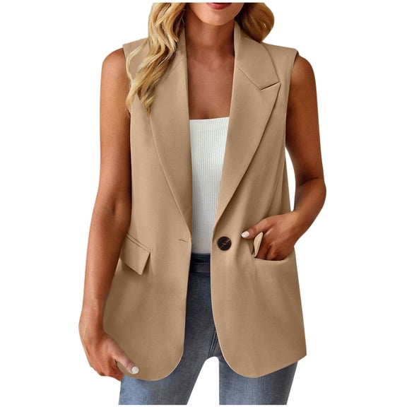 Inleife Women's Fashion Vests Top Khaki Color Button Pocket Suit Coat Sleeveless Casual Coat/Jacket