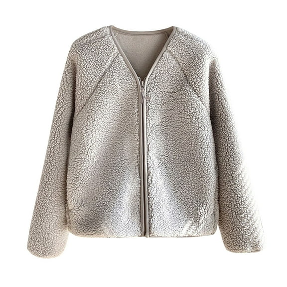Inleife Women's Fleece Jackets Short Jacket V-Neck Versatile Long Sleeved Warm Zipper Jacket