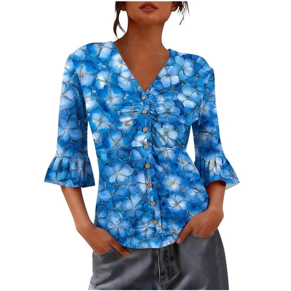 Inleife Women's Flower Printed Spring And Summer Chest Pleated Fashionable Tops Casual Five Quarter Sleeve Round Neck Mid Sleeve Trumpet Sleeve Top T-shirt Blue M