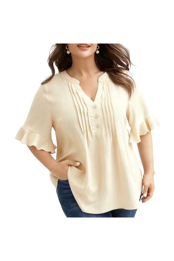 Women's Flowy V-Neck Blouse with Cascading Ruffles A Smocked Elasticated Bodice And A Relaxed For Effortless And Style Beige L
