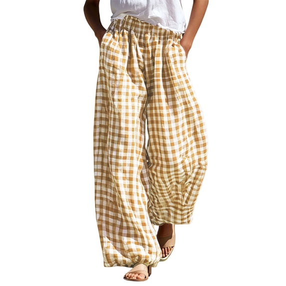 Inleife Women's Gingham Checkered Relaxed Fit Pants Elastic Waist Lounge Trousers with Pockets