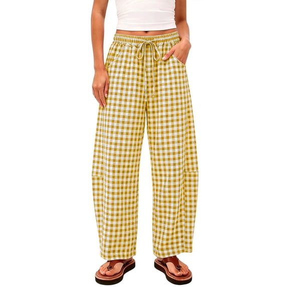 Inleife Women's Gingham Checkered Relaxed Pants Drawstring Elastic Waist Lounge Trousers with Pockets
