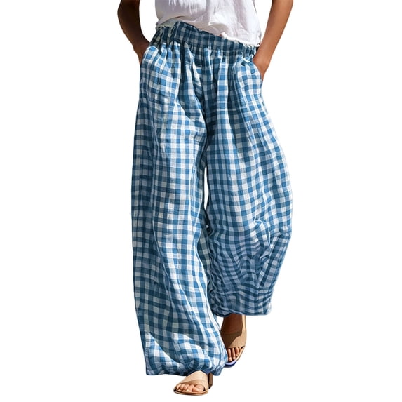 Inleife Women's Gingham Checkered Relaxed Fit Pants Elastic Waist Lounge Trousers with Pockets