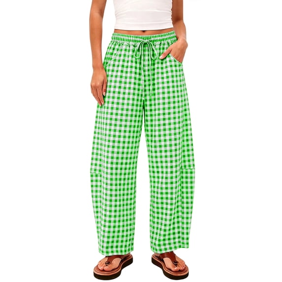 Inleife Women's Gingham Checkered Relaxed Pants Drawstring Elastic Waist Lounge Trousers with Pockets