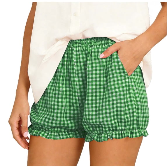 Inleife Women's Gingham Elastic Waist Ruffle Shorts Fashion Ladies Regular Elastic Waist Comfy Plaid Casual Home Shorts Pants