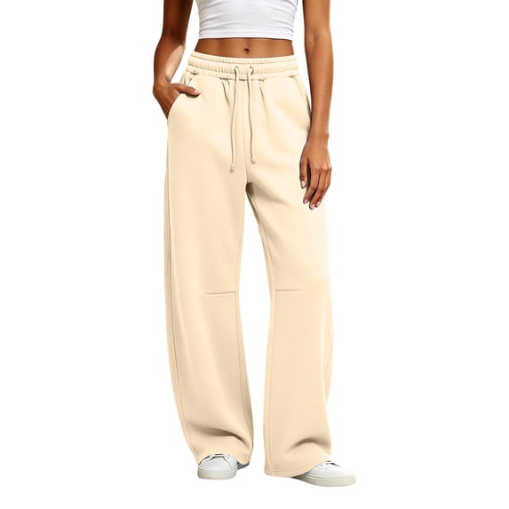 Inleife Women's High Waist Drawstring Wide Leg Sweatpants, Loose Fit Curved Cut Lounge Pants, Solid Color Casual Trousers with Pockets