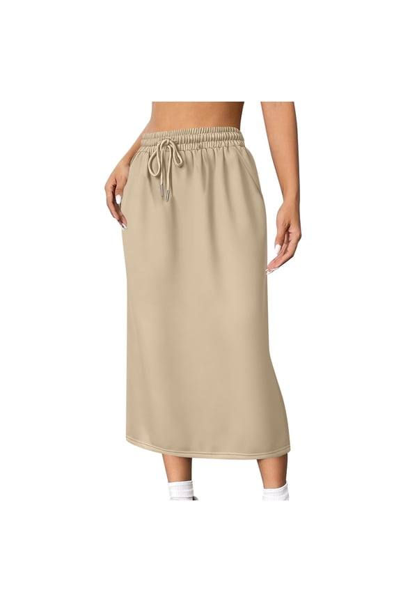 Women's High-Waisted A-Line Skirts Leisure Commuting Loose Elastic Waist Solid Color Skirt Split Skirt Beige S