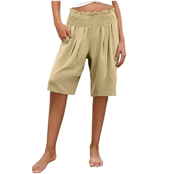 Inleife Women's High Waisted Elastic Waist Half Shorts Pants Fashion Casual Summer Pockets Comfortable Pant Khaki XL