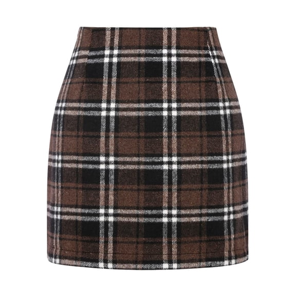 Inleife Women's High-Waisted Plaid Printed Skirts Casual Elegant Business Sets Brown M
