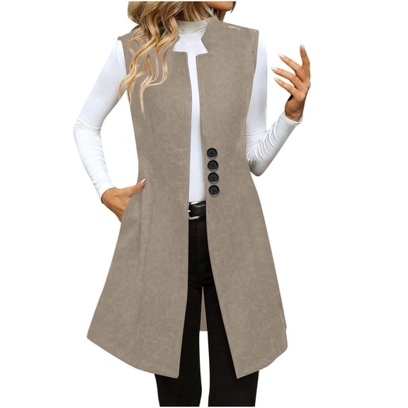 Inleife Women's Khaki Woolen Casual Daily Lapel Button Vests Front Woolen Suit Temperament Elegant Sleeveless Jacket with Pocket