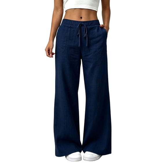 Inleife Women's Linen Blend Wide Leg Pants Drawstring Elastic Waist Relaxed Fit Straight Trousers with Front Pockets