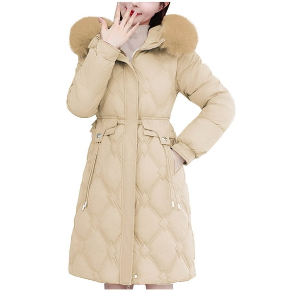 Inleife Women's Long Sleeved Woolen Cotton Jackets Solid Color Pocket Zipper Medium Length Hooded Jacket Coat
