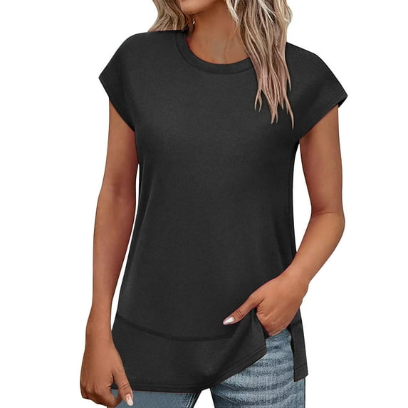 Inleife Women's Loose Casual Tops Solid Color Crew Neck Side Slit Short Sleeved Top