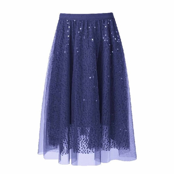 Inleife Women's Loose Fashionable Casual Skirts Solid Color Spring/Summer Mesh Yarn Glitter Skirt Navy S