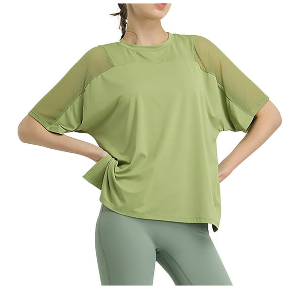 Inleife Women's Loose Solid Color Mesh Patchwork Quick Drying Short Sleeved Yoga Suit Women's Short Sleeved Round Neck Top/shirt