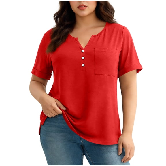 Inleife Women's Plus Size Casual Tops V-Neck Pocket Tee In Soft With Button Placket Red XXXL