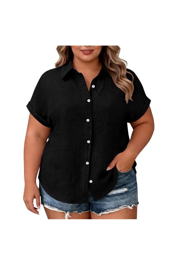 Women's Plus Size Short Sleeve Button Down Shirts with Notch Collar And Patch Pockets Black L