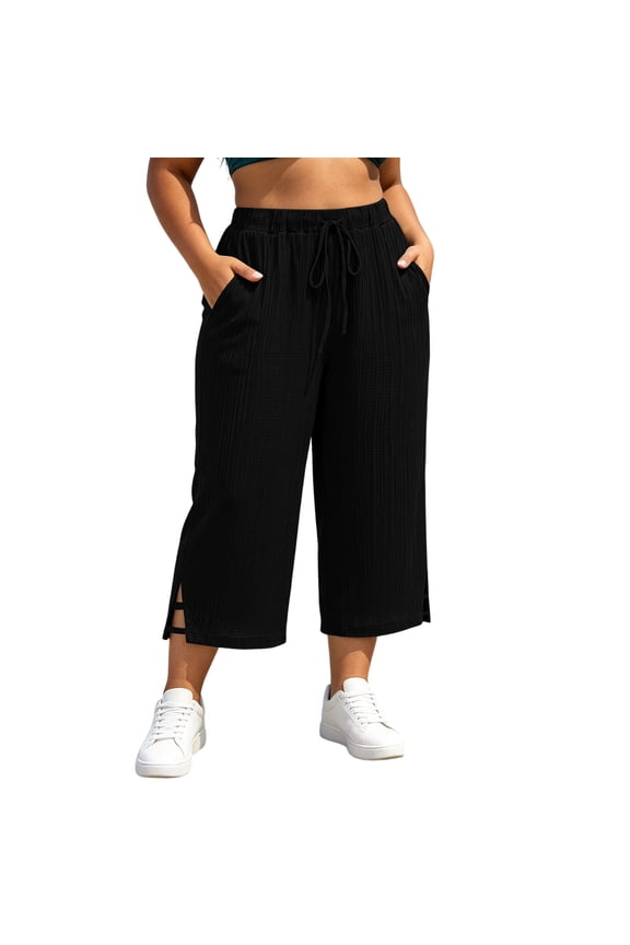 Women's Plus Size Solid Textured Drawstring Waist Culotte Pants with Ladder Cutout Split Hem Casual Wide Leg Cropped Trousers with Pockets for Summer Daily Wear