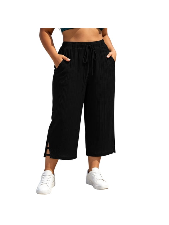 Women's Plus Size Solid Textured Drawstring Waist Culotte Pants with Ladder Cutout Split Hem Casual Wide Leg Cropped Trousers with Pockets for Summer Daily Wear