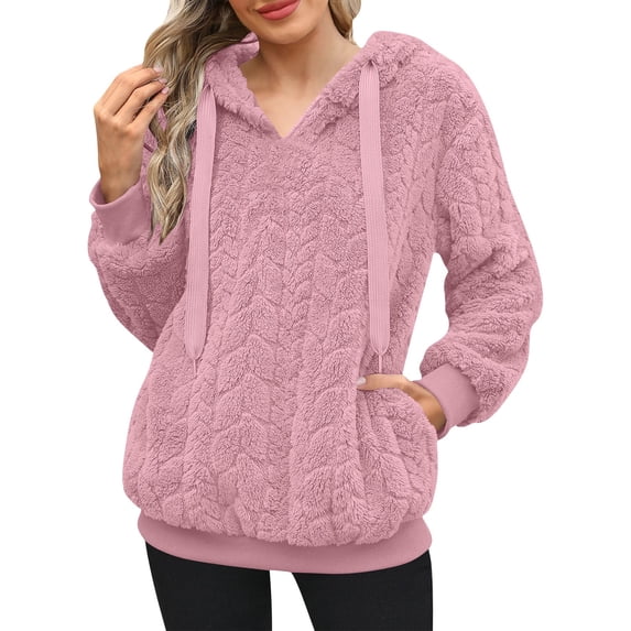 Inleife Women's Plush Hoodies Long Sleeve Drawstring Pocket Casual Solid Color Warm Hooded Sweatshirts